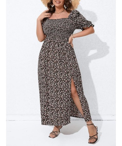 Women's Plus Size Floral Boho Puff Sleeve Square Neck Shirred Split A Line Summer Long Maxi Dress Black $31.19 Dresses