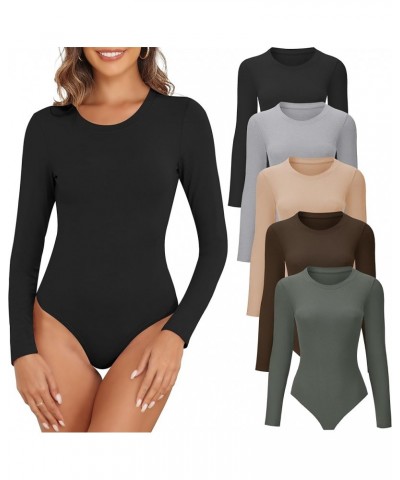 Women's 4/5 Pack Round Neck Long Sleeve Bodysuit Casual Basic Stretchy Crew Neck Bodysuit Tops 5packc,black,nude,light Grey,o...