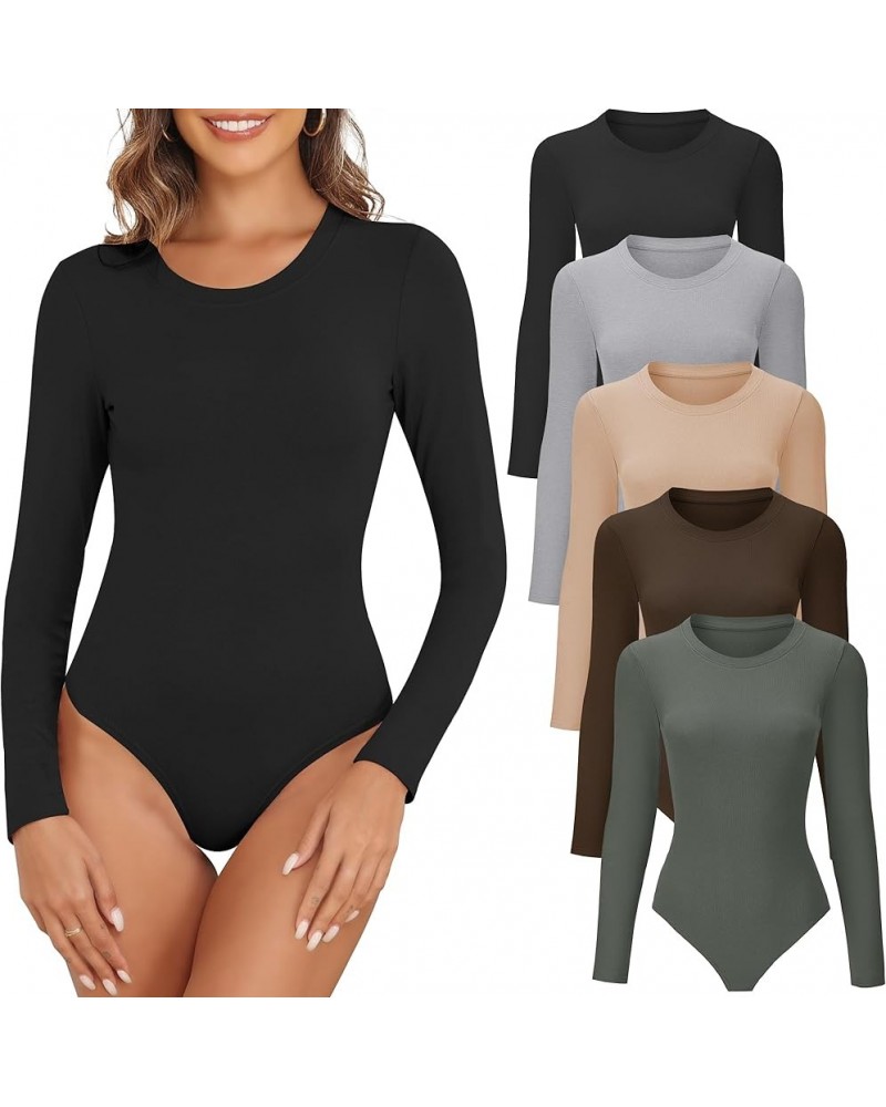 Women's 4/5 Pack Round Neck Long Sleeve Bodysuit Casual Basic Stretchy Crew Neck Bodysuit Tops 5packc,black,nude,light Grey,o...