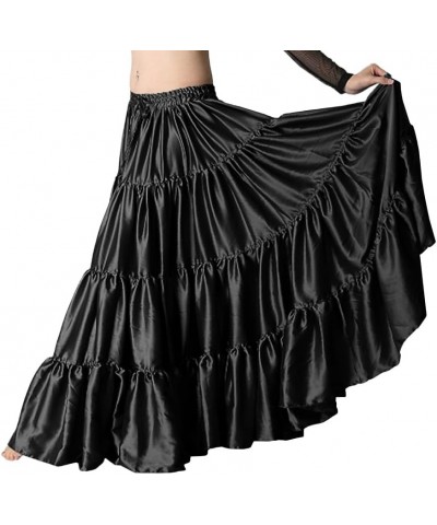 Women's Satin 6 Yard 4 Tiered Gypsy Belly Dance Skirt Flamenco Black $16.64 Skirts