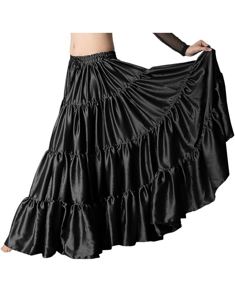 Women's Satin 6 Yard 4 Tiered Gypsy Belly Dance Skirt Flamenco Black $16.64 Skirts