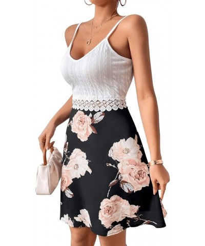 Women's Spaghetti Strap Cami Dress Floral Print Hollow Out Lace Flare Short Dresses White Black $12.30 Dresses