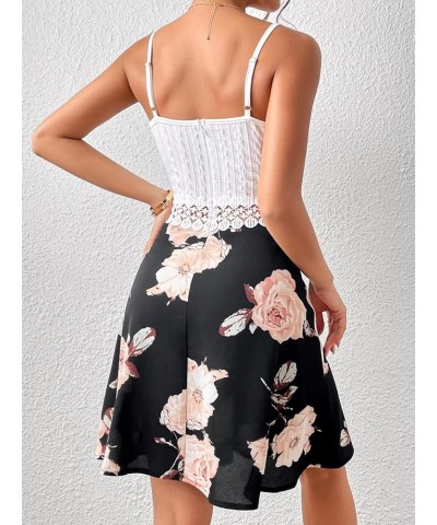 Women's Spaghetti Strap Cami Dress Floral Print Hollow Out Lace Flare Short Dresses White Black $12.30 Dresses