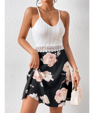 Women's Spaghetti Strap Cami Dress Floral Print Hollow Out Lace Flare Short Dresses White Black $12.30 Dresses