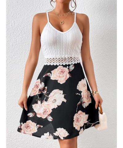 Women's Spaghetti Strap Cami Dress Floral Print Hollow Out Lace Flare Short Dresses White Black $12.30 Dresses