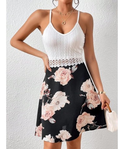 Women's Spaghetti Strap Cami Dress Floral Print Hollow Out Lace Flare Short Dresses White Black $12.30 Dresses