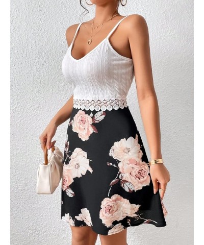 Women's Spaghetti Strap Cami Dress Floral Print Hollow Out Lace Flare Short Dresses White Black $12.30 Dresses