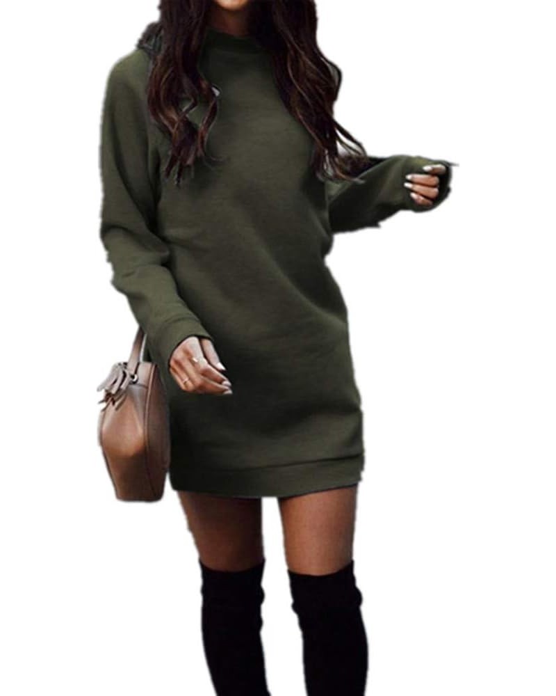 Women's Fleece Long Sweatshirt Dress Crewneck Pullover Casual Long Sleeve Bodycon Mini Sweater Dress Army Green $18.33 Sweaters