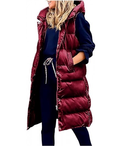 Winter Long Puffer Vest for Women Windproof Hooded Quilted Down Vest Padded Sleeveless Long Coats Jacket Outerwear Zz1-wine $...