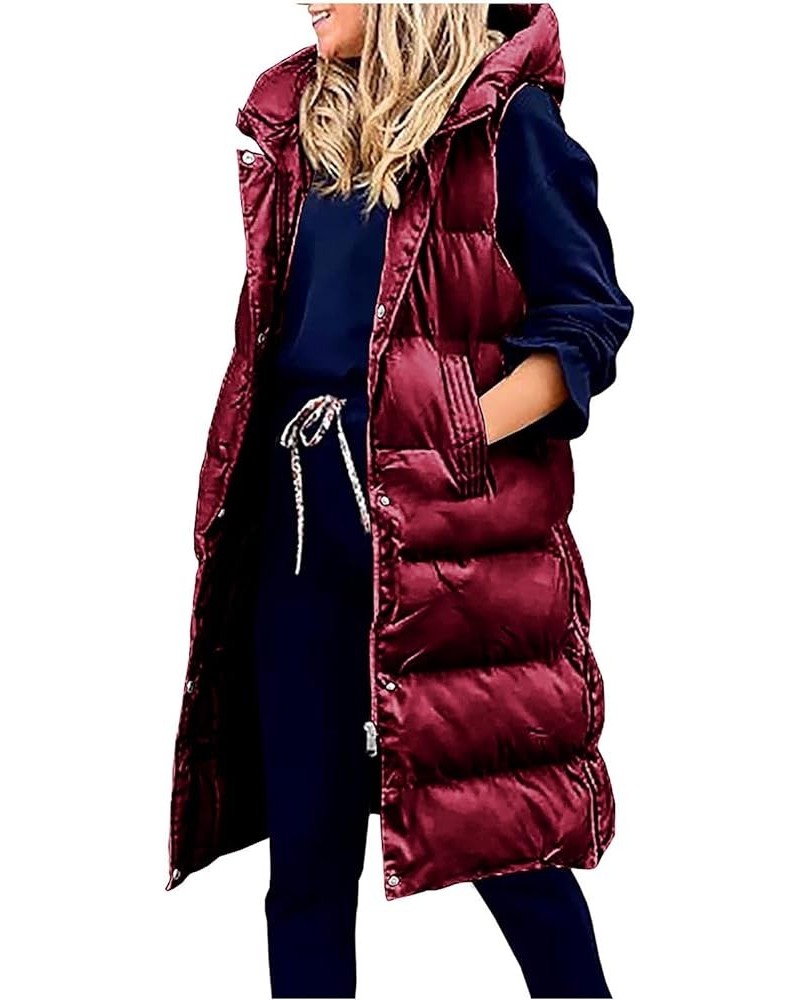 Winter Long Puffer Vest for Women Windproof Hooded Quilted Down Vest Padded Sleeveless Long Coats Jacket Outerwear Zz1-wine $...