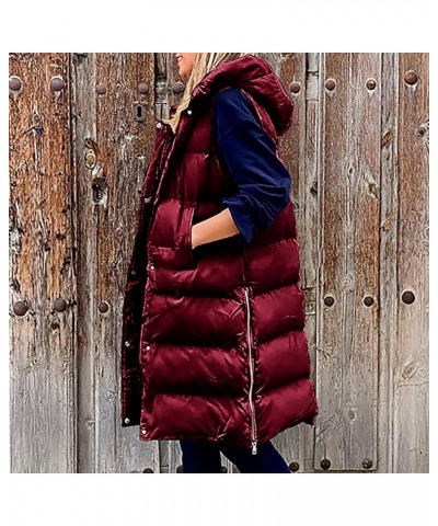 Winter Long Puffer Vest for Women Windproof Hooded Quilted Down Vest Padded Sleeveless Long Coats Jacket Outerwear Zz1-wine $...