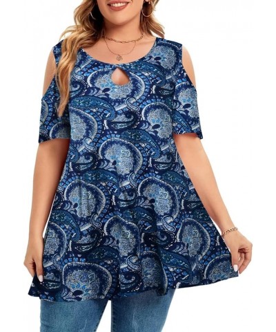 Plus Size Cold Shoulder Tops For Women Sexy Ruffle Short Sleeve Tunic Paisleyblue $14.03 Tops