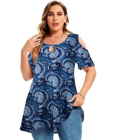 Plus Size Cold Shoulder Tops For Women Sexy Ruffle Short Sleeve Tunic Paisleyblue $14.03 Tops