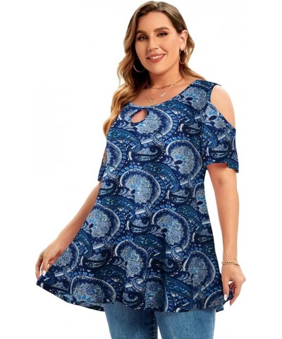 Plus Size Cold Shoulder Tops For Women Sexy Ruffle Short Sleeve Tunic Paisleyblue $14.03 Tops