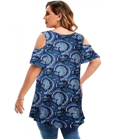 Plus Size Cold Shoulder Tops For Women Sexy Ruffle Short Sleeve Tunic Paisleyblue $14.03 Tops