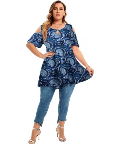 Plus Size Cold Shoulder Tops For Women Sexy Ruffle Short Sleeve Tunic Paisleyblue $14.03 Tops