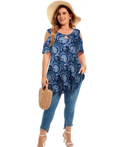 Plus Size Cold Shoulder Tops For Women Sexy Ruffle Short Sleeve Tunic Paisleyblue $14.03 Tops