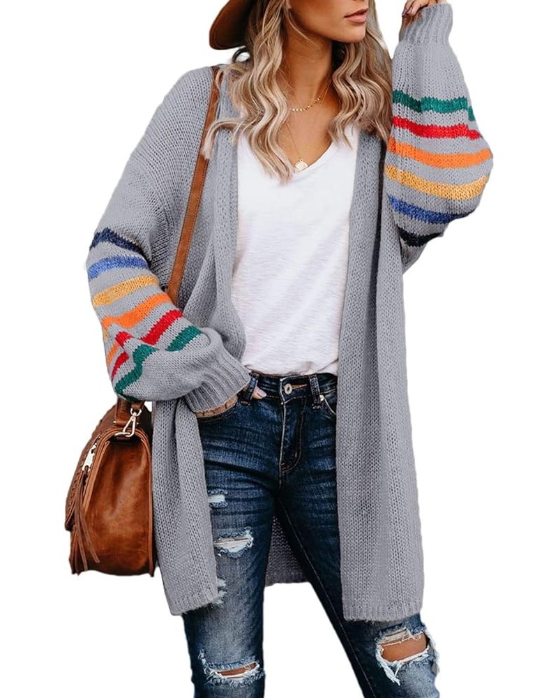 Women's Long Open Front Cardigans Striped Color Block Loose Knit Sweaters Outwear Coat A Gray $20.25 Sweaters