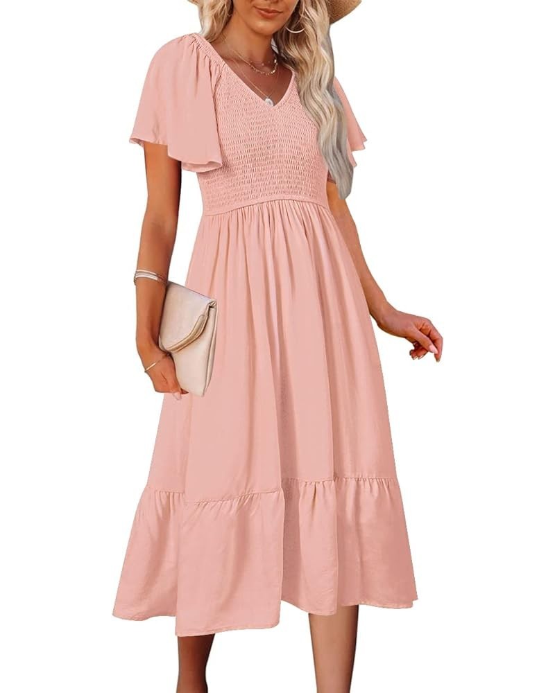 Women's Summer Casual V Neck Ruffle Sleeve Smocked High Waist Midi Dress with Pockets Darkpink $20.09 Dresses