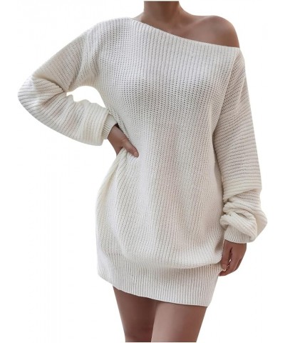 Womens Fall Dresses Long Sleeve Turtleneck Mini Loose Fit Cable Knit Sweater Dressy Casual Dress B-white $11.24 Sweaters