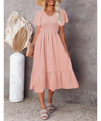 Women's Summer Casual V Neck Ruffle Sleeve Smocked High Waist Midi Dress with Pockets Darkpink $20.09 Dresses