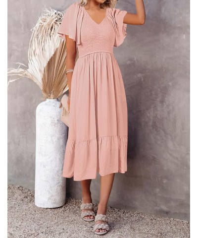 Women's Summer Casual V Neck Ruffle Sleeve Smocked High Waist Midi Dress with Pockets Darkpink $20.09 Dresses