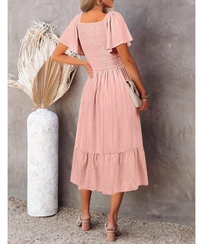 Women's Summer Casual V Neck Ruffle Sleeve Smocked High Waist Midi Dress with Pockets Darkpink $20.09 Dresses