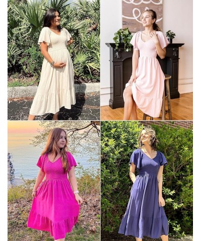 Women's Summer Casual V Neck Ruffle Sleeve Smocked High Waist Midi Dress with Pockets Darkpink $20.09 Dresses