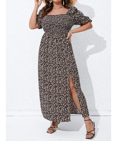 Women's Plus Size Floral Boho Puff Sleeve Square Neck Shirred Split A Line Summer Long Maxi Dress Black $31.19 Dresses