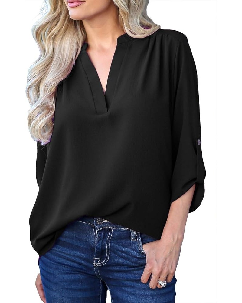 Women Summer Casual Split V Neckline Chiffon Blouses Loose Tunic Short Sleeve Tops Z Black $13.64 Blouses