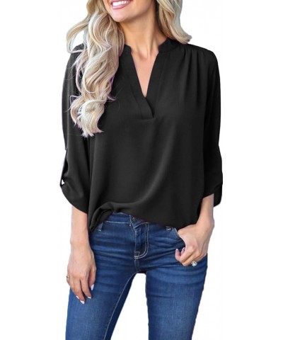 Women Summer Casual Split V Neckline Chiffon Blouses Loose Tunic Short Sleeve Tops Z Black $13.64 Blouses