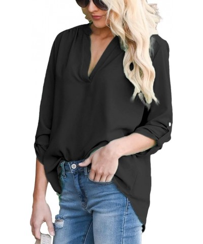 Women Summer Casual Split V Neckline Chiffon Blouses Loose Tunic Short Sleeve Tops Z Black $13.64 Blouses