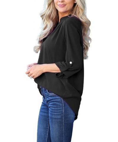 Women Summer Casual Split V Neckline Chiffon Blouses Loose Tunic Short Sleeve Tops Z Black $13.64 Blouses