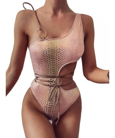 Women's Rave Sparkle Mentalic Snakeskin Print Bikini Set Bathing Suit One Piece Swimsuits Pink $11.88 Swimsuits