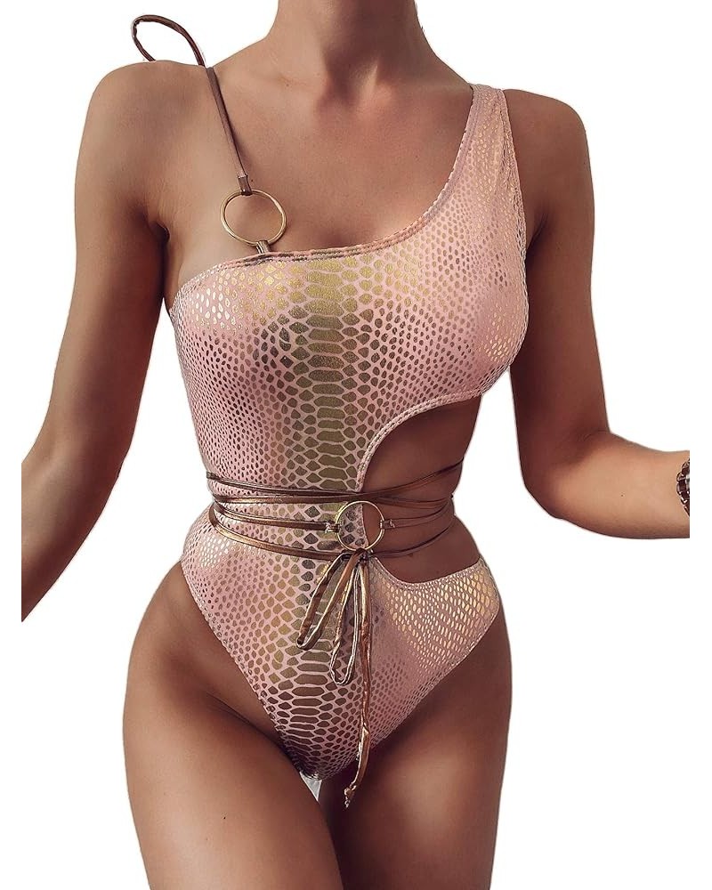 Women's Rave Sparkle Mentalic Snakeskin Print Bikini Set Bathing Suit One Piece Swimsuits Pink $11.88 Swimsuits