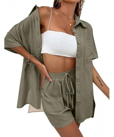 Women 2 Piece Outfits Summer Casual Cotton Button Down Short Sleeve Shirt and Drawstring Short with Pocket Army Green $17.52 ...