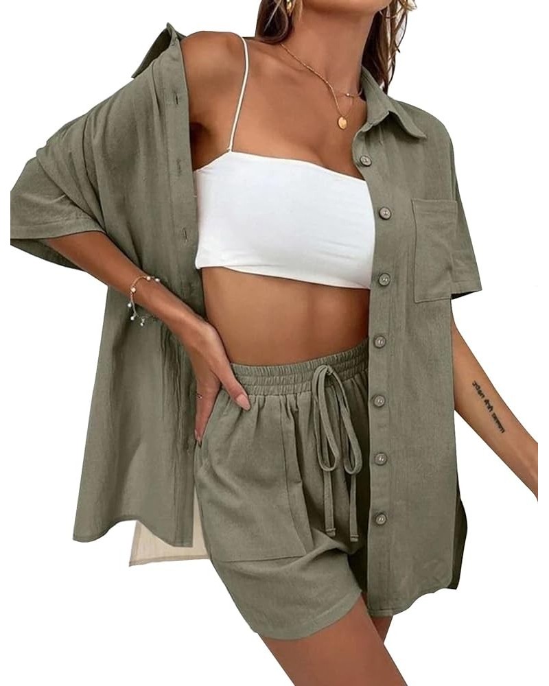 Women 2 Piece Outfits Summer Casual Cotton Button Down Short Sleeve Shirt and Drawstring Short with Pocket Army Green $17.52 ...