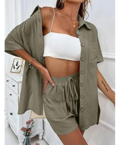 Women 2 Piece Outfits Summer Casual Cotton Button Down Short Sleeve Shirt and Drawstring Short with Pocket Army Green $17.52 ...