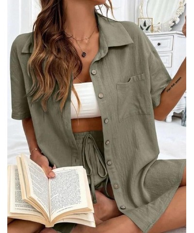 Women 2 Piece Outfits Summer Casual Cotton Button Down Short Sleeve Shirt and Drawstring Short with Pocket Army Green $17.52 ...