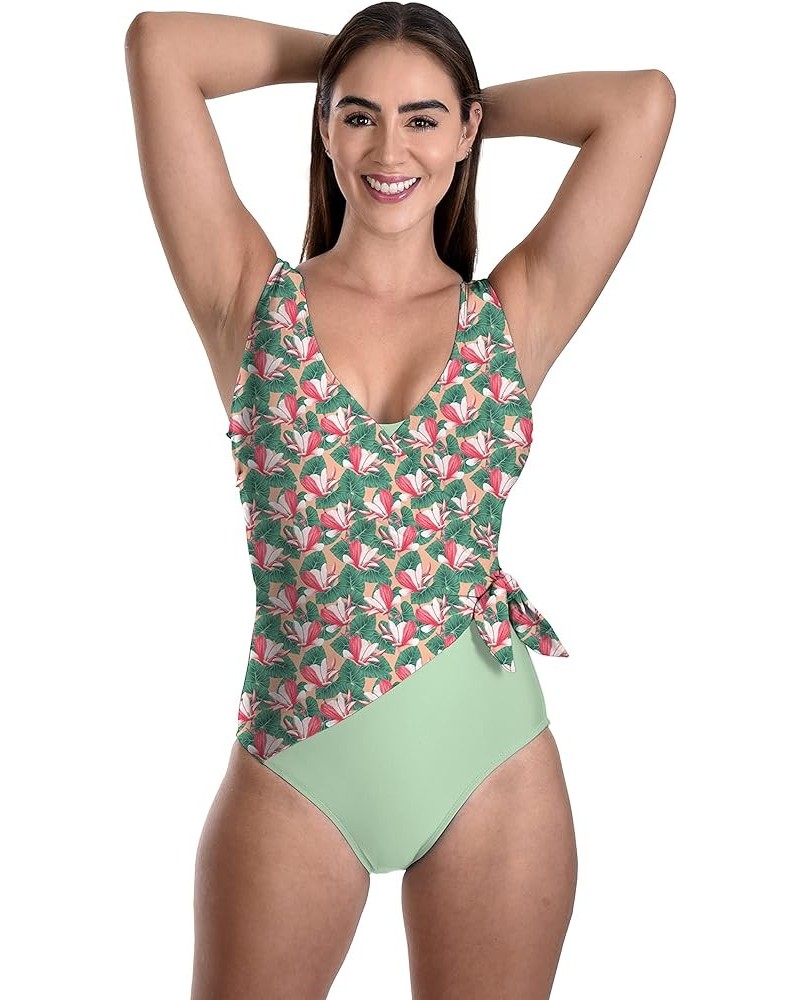 Swimsuit for Women Classic One Piece Attractive Body Shaping Tummy Control with Side Bunny Tie Magnolia/Seafoam $21.58 Swimsuits