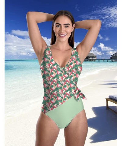 Swimsuit for Women Classic One Piece Attractive Body Shaping Tummy Control with Side Bunny Tie Magnolia/Seafoam $21.58 Swimsuits