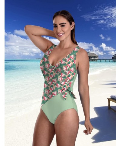 Swimsuit for Women Classic One Piece Attractive Body Shaping Tummy Control with Side Bunny Tie Magnolia/Seafoam $21.58 Swimsuits