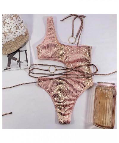 Women's Rave Sparkle Mentalic Snakeskin Print Bikini Set Bathing Suit One Piece Swimsuits Pink $11.88 Swimsuits