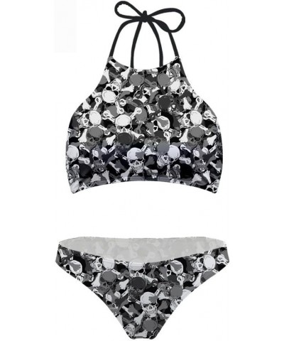 Women Swimsuit Beach Swimwear Tie Halter Padding Bikini Bathing Suit Two Piece Tropical Plants Pattern Skull-1 $9.43 Swimsuits