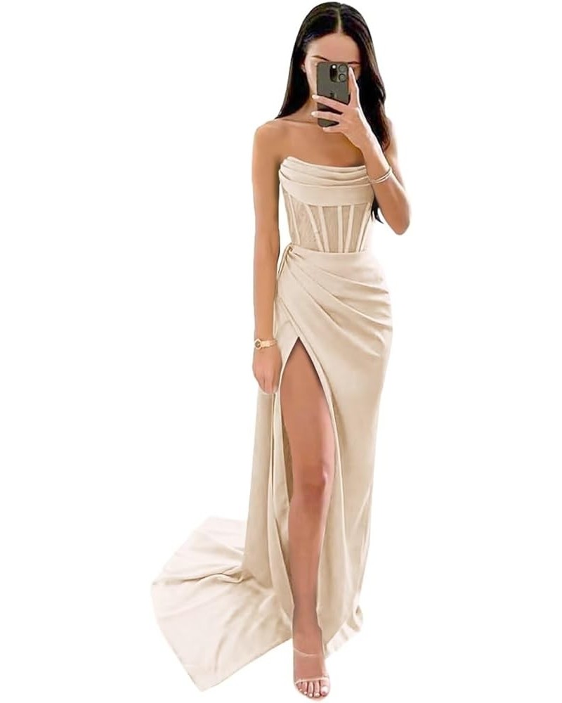 Long Cowl Neck Silk Satin Prom Dresses with High Slit 2024 Mermaid Formal Evening Party Gowns Champagne $36.44 Dresses