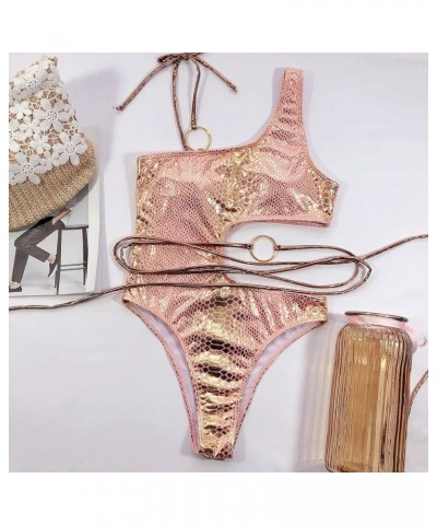 Women's Rave Sparkle Mentalic Snakeskin Print Bikini Set Bathing Suit One Piece Swimsuits Pink $11.88 Swimsuits