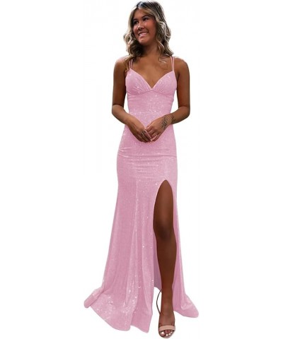 Spaghetti Strap Sequin Mermaid Prom Dress with Slit V-Neck Sparkly Long Formal Dresses Evening Gowns Pink $36.56 Dresses