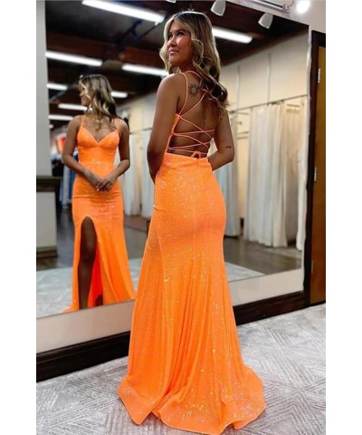 Spaghetti Strap Sequin Mermaid Prom Dress with Slit V-Neck Sparkly Long Formal Dresses Evening Gowns Pink $36.56 Dresses