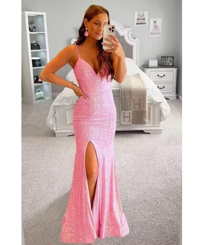 Spaghetti Strap Sequin Mermaid Prom Dress with Slit V-Neck Sparkly Long Formal Dresses Evening Gowns Pink $36.56 Dresses