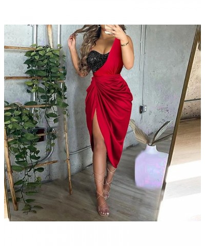 Summer Dresses for Women 2024 One Shoulder Sexy Hip Wrap Dress Short Sleeve Ruffle Irregular Wedding Guest Dresses E-red $10....